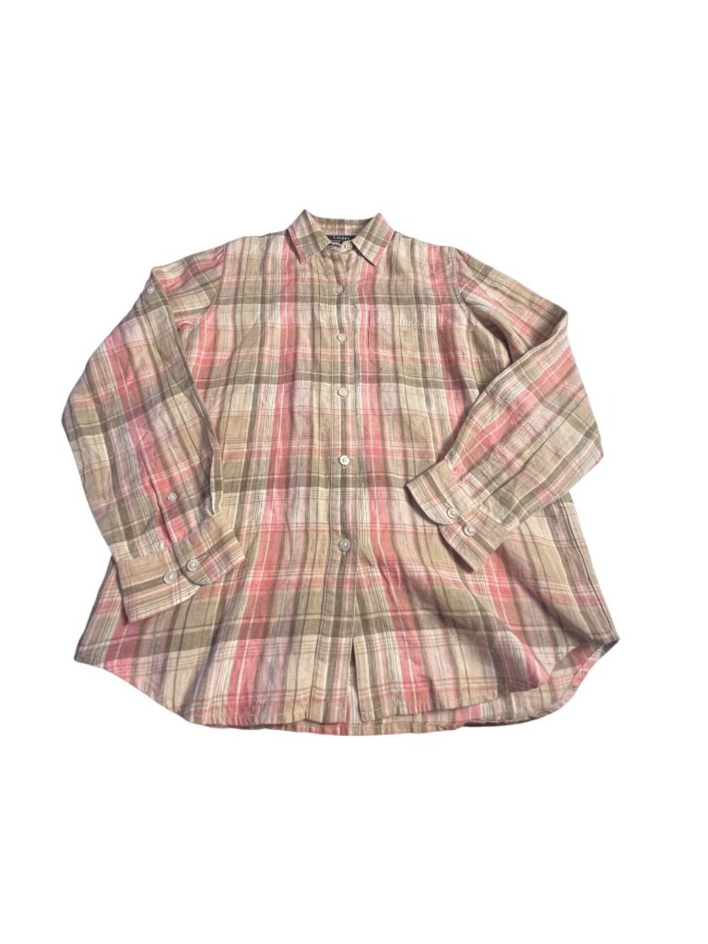 Lauren Ralph Lauren Womens S Button-Up Shirt Plaid Multicolor Pink 100% Linen